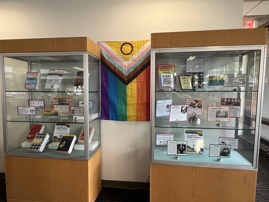Pride flag between 2 display cases with pride month resources on display 